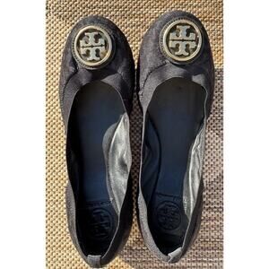 Tory Burch Black Animal Print Gold Logo Ballet Flats Size 8.5M Round Toe Slip-On